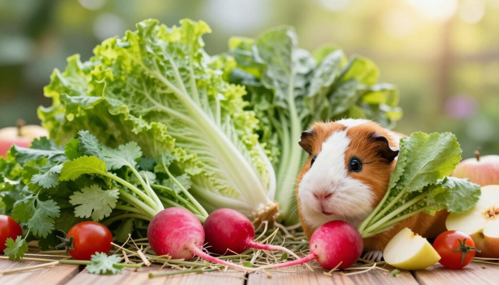 A vibrant and colorful still life composition showcasing fresh greens, vegetables, and fruits suitable for guinea pigs, with a focus on radishes prominently placed in the foreground. Include a variety of lush hay and leafy greens like romaine lettuce and cilantro, with cherry tomatoes and small pieces of apple scattered around. The background should feature a soft, blurred garden setting with gentle sunlight filtering through, creating a warm and inviting atmosphere. Use a shallow depth of field to emphasize the radishes while keeping the greens and fruits slightly out of focus. Capture the scene in natural light to enhance the freshness and vibrancy of the colors, conveying a healthy, appetizing feel.
