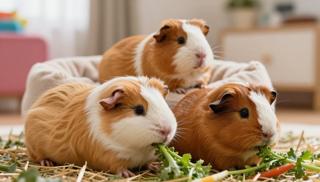 A vibrant and inviting close-up of various breeds of guinea pigs in a cozy setting. In the foreground, showcase a fluffy Peruvian guinea pig with long, flowing fur next to a sleek American guinea pig with short hair, both munching on fresh vegetables. In the middle ground, include a cute teddy guinea pig comfortably lounging on a soft bed of hay, displaying its distinctive texture. The background features a warm, softly lit room adorned with colorful pet accessories, enhancing a homey atmosphere. Use soft, natural lighting to create a gentle, inviting feel, with a shallow depth of field to emphasize the guinea pigs while softly blurring the surroundings. The overall mood should evoke warmth, care, and the joy of pet ownership.