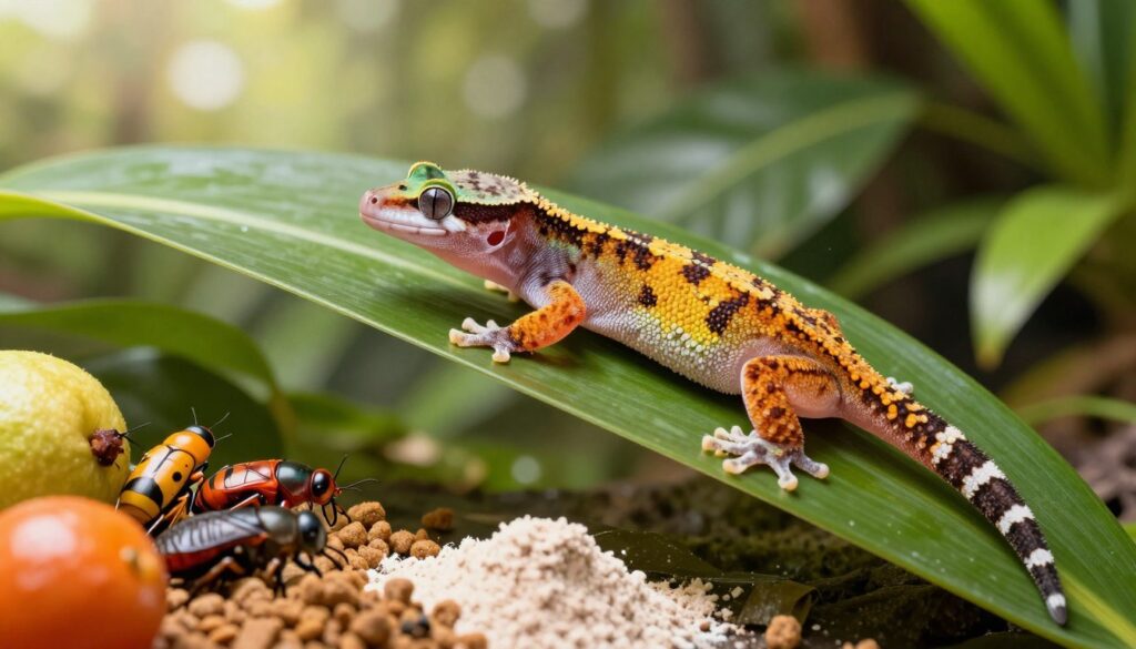 A vibrant, close-up image of a healthy *Gekko gecko* perched on a lush green leaf, showcasing its striking coloration and textured skin. In the foreground, include a variety of natural food items such as colorful insects, ripe fruits, and powdered commercial gecko food arranged artistically. The middle ground should have a softly blurred backdrop of a tropical environment, with hints of moisture in the air, emphasizing the humidity essential for the gecko's well-being. Utilize natural lighting to create a warm atmosphere, simulating sunlight filtering through the foliage. The angle should be slightly tilted up, giving a sense of depth and making the gecko the focal point of this idyllic habitat. A vibrant, close-up image of a healthy *Gekko gecko* perched on a lush green leaf, showcasing its striking coloration and textured skin. In the foreground, include a variety of natural food items such as colorful insects, ripe fruits, and powdered commercial gecko food arranged artistically. The middle ground should have a softly blurred backdrop of a tropical environment, with hints of moisture in the air, emphasizing the humidity essential for the gecko's well-being. Utilize natural lighting to create a warm atmosphere, simulating sunlight filtering through the foliage. The angle should be slightly tilted up, giving a sense of depth and making the gecko the focal point of this idyllic habitat.