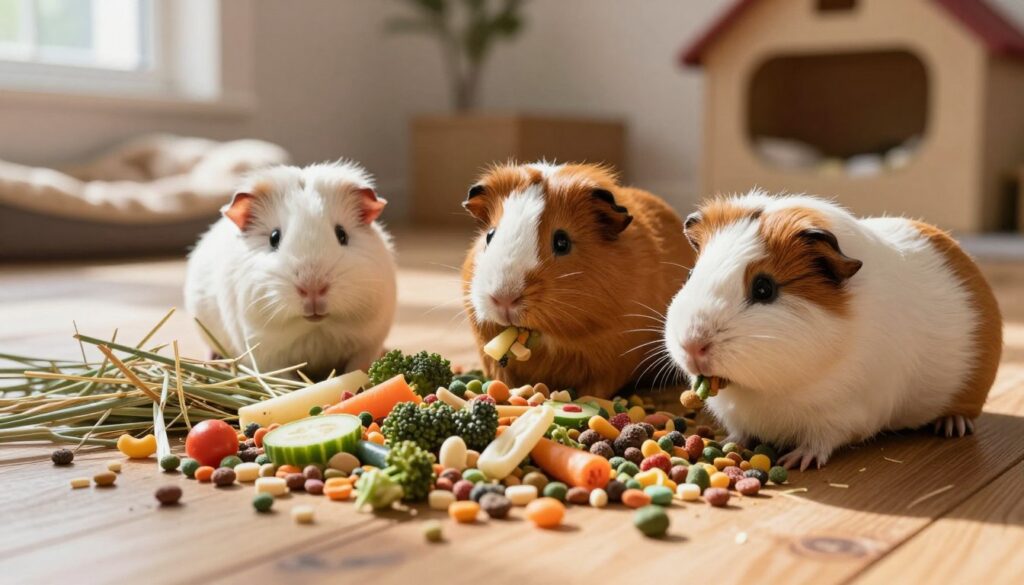 A vibrant, detailed image showcasing a variety of high-quality guinea pig food spread across a wooden surface. In the foreground, colorful pellets, fresh vegetables, and hay intertwine, attracting curious guinea pigs with their fluffy fur and perky ears. The middle ground features two guinea pigs nibbling on the food, their expressions content and engaged. In the background, a cozy living space with soft lighting creates a warm atmosphere, with plush bedding and a small, playful environment, emphasizing comfort. Natural light filters through a nearby window, casting gentle shadows and highlighting the textures of the food and fur. The overall mood is inviting and wholesome, celebrating the joy of caring for guinea pigs and their dietary needs.