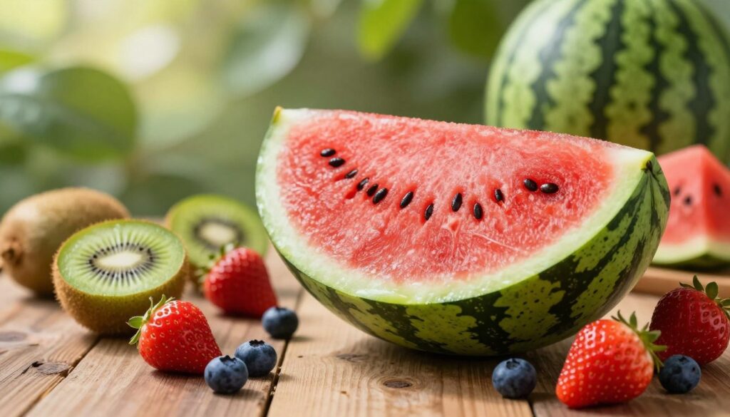 A vibrant, fresh watermelon sitting atop a rustic wooden table, with its juicy red flesh exposed, revealing black seeds. Surrounding the watermelon are bright, colorful fruit highlights such as kiwi, strawberries, and blueberries, emphasizing the nutritional theme. In the background, softly blurred green leaves and other natural elements create an organic setting, contributing to a healthy atmosphere. The lighting is warm and natural, simulating sunlight filtering through a canopy, enhancing the fresh and inviting feel of the image. A shallow depth of field focuses on the watermelon and surrounding fruits, evoking a sense of freshness and vibrancy. The composition should reflect a wholesome, nutritious essence, suitable for an informative article.