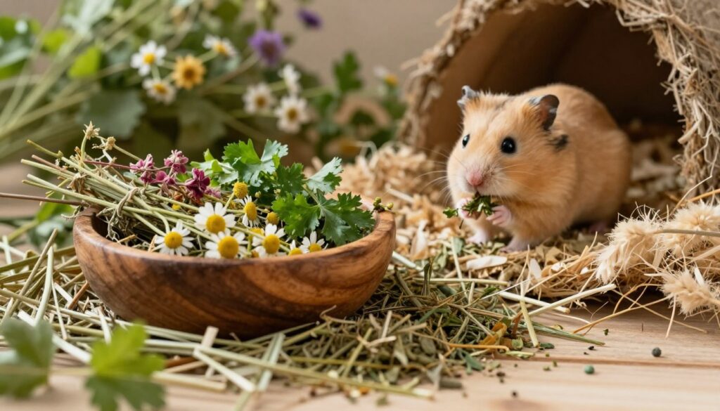 A vibrant scene featuring a variety of dried herbs and grasses suitable for Syrian hamsters, artistically arranged in a natural setting. In the foreground, freshly cut hay, along with colorful dried herbs like chamomile and parsley, spills from a rustic wooden bowl. The middle ground showcases a cozy hamster habitat, with soft bedding and a small, playful Syrian hamster nibbling on a sprig of dried herbs. The background includes soft green foliage and delicate wildflowers, creating an inviting atmosphere. Soft, warm lighting filters through, casting gentle shadows, enhancing the earthy tones of the herbs and the hamster’s fur. The overall mood is serene and natural, promoting health and vitality.