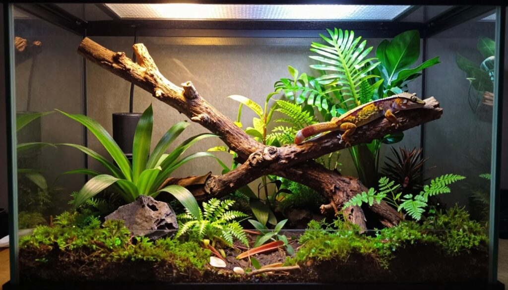 A vibrant terrarium designed for a crested gecko, showcasing various elements crucial for its health. In the foreground, a sleek glass enclosure filled with lush green plants, moss, and branches for climbing. The middle ground features a highlighted basking spot with a small heat lamp casting a warm glow, intensifying the colors of the plants and providing an inviting atmosphere. In the background, the terrarium walls are slightly fogged, imitating humidity, creating a lively, tropical environment. Soft natural light filters through, highlighting the textures of both the gecko's habitat and the gecko itself perched comfortably on a branch. The overall mood is serene and nurturing, emphasizing the importance of a well-crafted terrarium for the gecko's wellbeing. A vibrant terrarium designed for a crested gecko, showcasing various elements crucial for its health. In the foreground, a sleek glass enclosure filled with lush green plants, moss, and branches for climbing. The middle ground features a highlighted basking spot with a small heat lamp casting a warm glow, intensifying the colors of the plants and providing an inviting atmosphere. In the background, the terrarium walls are slightly fogged, imitating humidity, creating a lively, tropical environment. Soft natural light filters through, highlighting the textures of both the gecko's habitat and the gecko itself perched comfortably on a branch. The overall mood is serene and nurturing, emphasizing the importance of a well-crafted terrarium for the gecko's wellbeing.