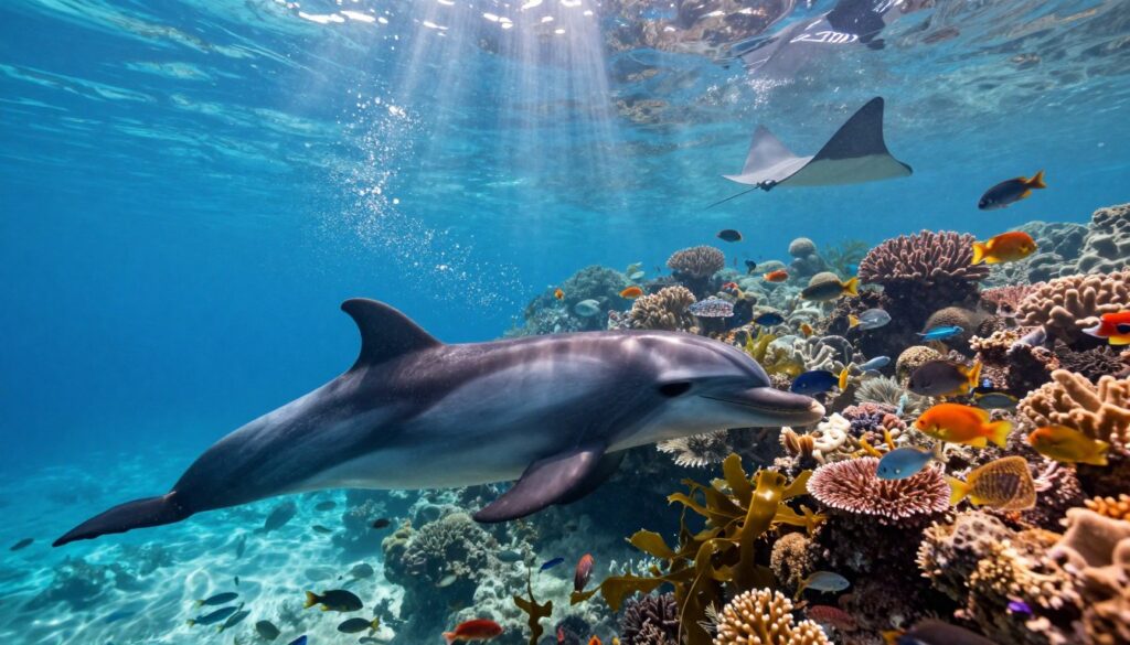 A vibrant underwater scene showcasing a dolphin interacting with its natural food sources, such as schools of fish and seaweed. In the foreground, the dolphin is gracefully swimming, with water droplets glistening in the sunlight. The middle section features a rich diversity of marine life, including colorful coral reefs and various fish species, emphasizing the dolphin's diet. In the background, rays of sunlight pierce through the clear blue water, creating a serene atmosphere. Capture the scene from a slightly below the water’s surface perspective, utilizing a wide-angle lens for depth. The mood is tranquil yet lively, highlighting the importance of a healthy diet for the dolphin's well-being in both oceanic and captive environments.
