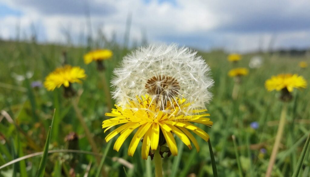 A vibrant wildflower scene featuring a close-up of a blooming dandelion (mniszek lekarski) with its distinct yellow petals and fluffy seed head. In the foreground, highlight the dandelion in sharp detail, showcasing its texture and vibrant color. The middle ground should contain a backdrop of lush green grass and scattered wildflowers to create a natural habitat. In the background, soft-focus hints of a blue sky and gentle sunlight filtering through clouds, creating a soothing and warm atmosphere. The lighting should be bright and natural, emphasizing the dandelion's features while casting delicate shadows. Capture the image from a low angle, giving a sense of intimacy with the flower and drawing the viewer's eye directly to the dandelion's beauty.