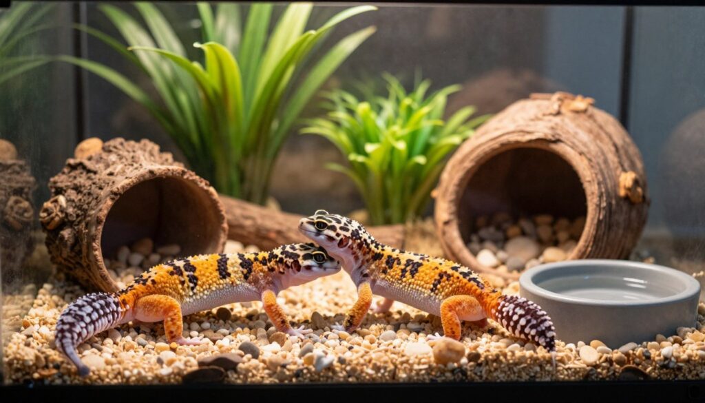 In a well-lit terrarium setting, a vibrant male and female leopard gecko are positioned in the foreground, showcasing their unique patterns and colors. The male gecko displays bold orange and black markings, while the female is a softer, earthy tone with distinctive spots. Surrounding them are various elements like hiding spots made from natural materials, lush green plants, and a small water dish, creating an inviting habitat. In the middle ground, small pebbles and soft substrate enhance the natural appearance. The background features a gently blurred view of terrarium glass, allowing for an immersive feel. Soft, warm lighting casts gentle shadows, evoking a calm atmosphere that emphasizes the importance of their living conditions. The scene captures the essence of their environment, highlighting the key elements of single or group breeding.